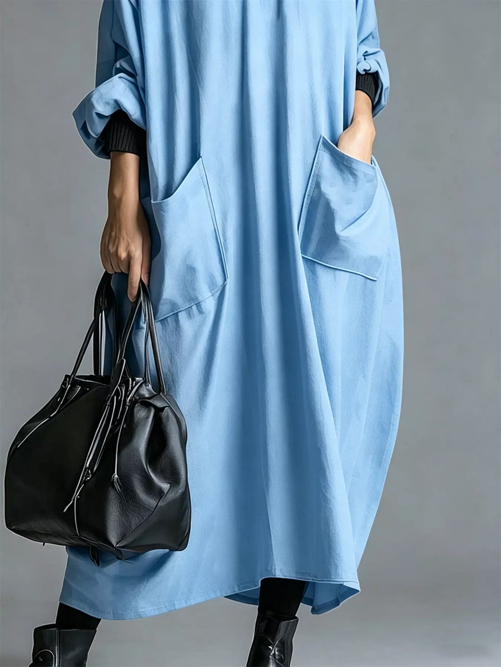 Full Size Loose-fit Mock Neck Midi Dress Pockets Plus (18)