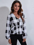 Ruched Printed V-neck Long Sleeve Blouse (2)