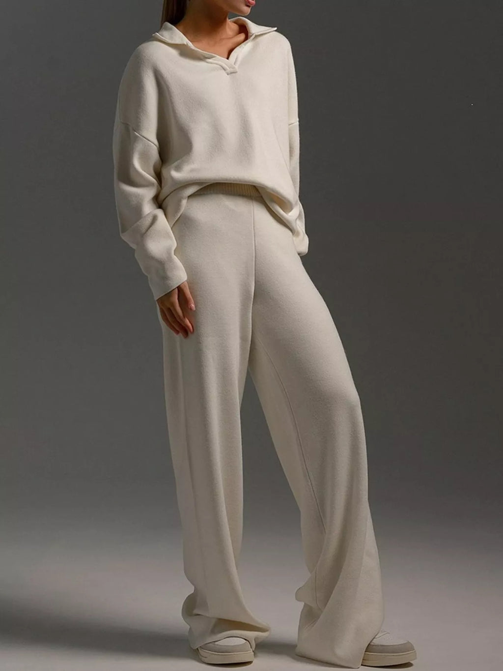 Polo Collar Top Wide-leg Pants Set (2)