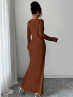 Slit Asymmetrical Neck Ribbed Maxi Dress (2)