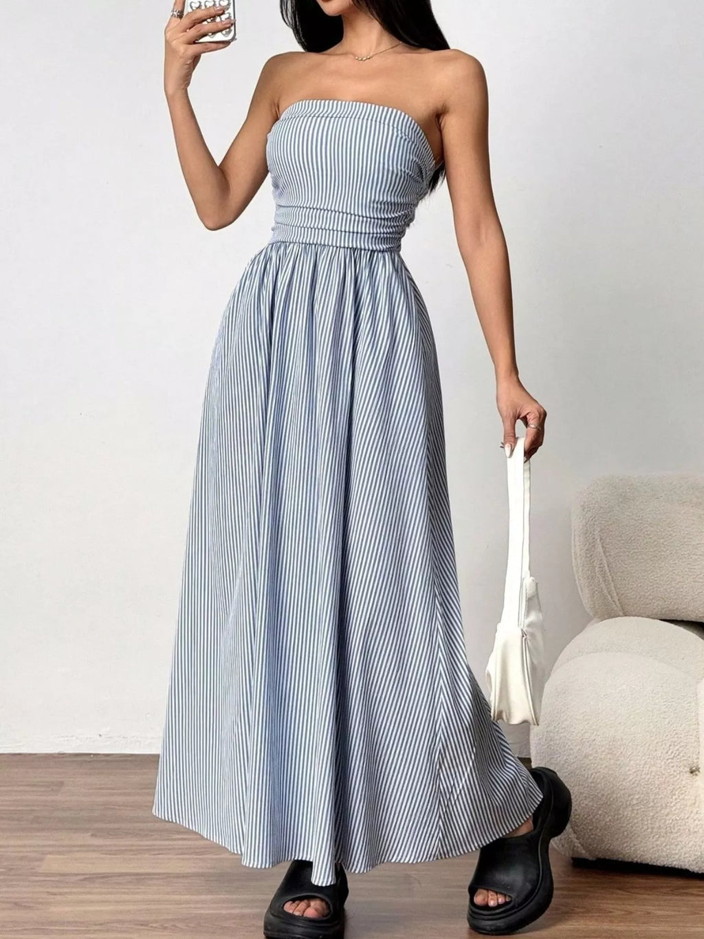 Striped Strapless Casual Maxi Dress (3)