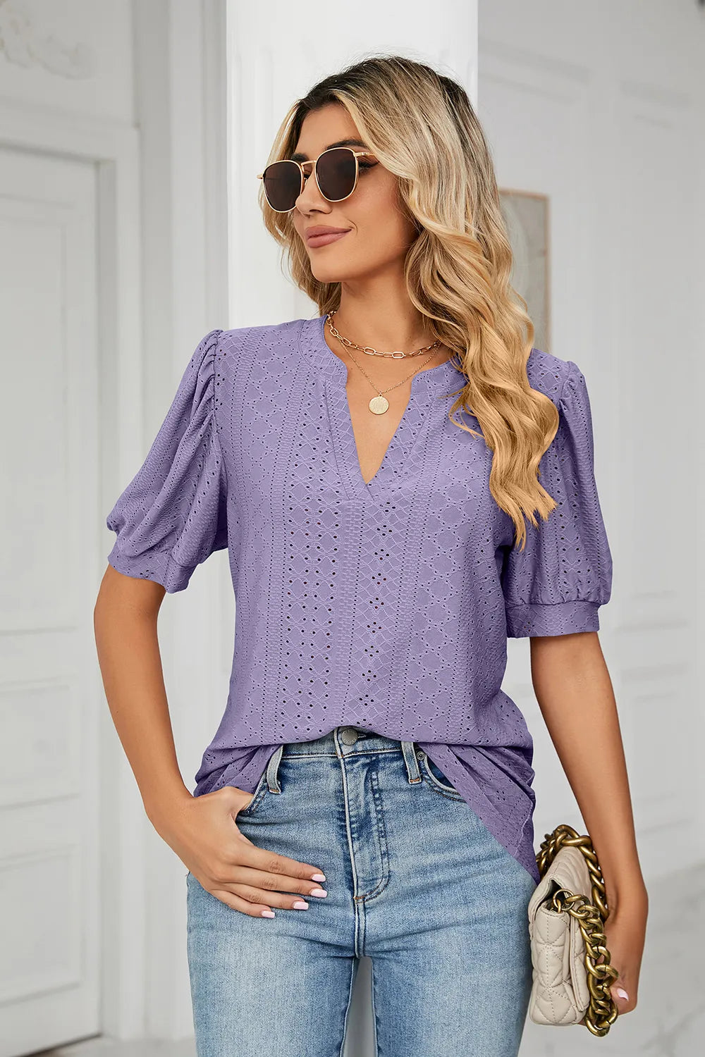 Eyelet Notched Short Sleeve T-shirt (35)