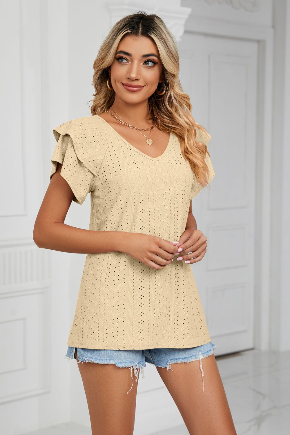 Eyelet Layered Flutter Sleeve V-neck Knit Top (11)