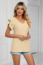 Eyelet Layered Flutter Sleeve V-neck Knit Top (11)