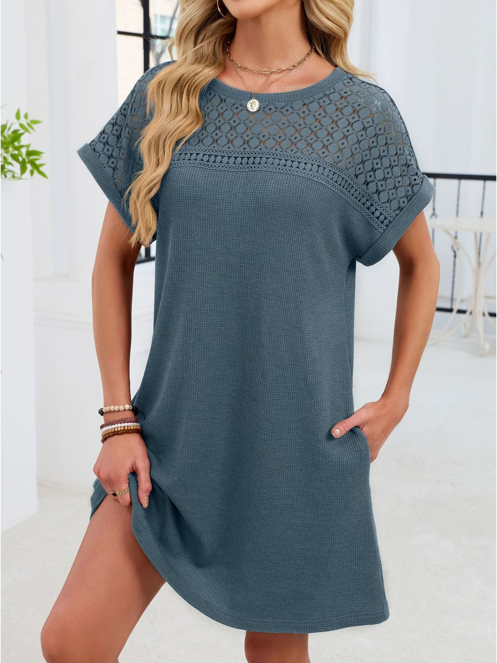 Lace Round Neck Short Sleeve T-shirt Dress (12)