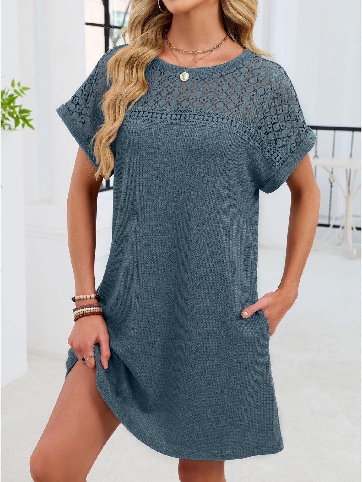 Lace Round Neck Short Sleeve T-shirt Dress (12)