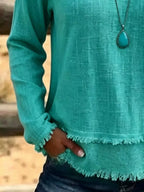 V-neck Long Sleeve Blouse Frayed Hem Detail (15)