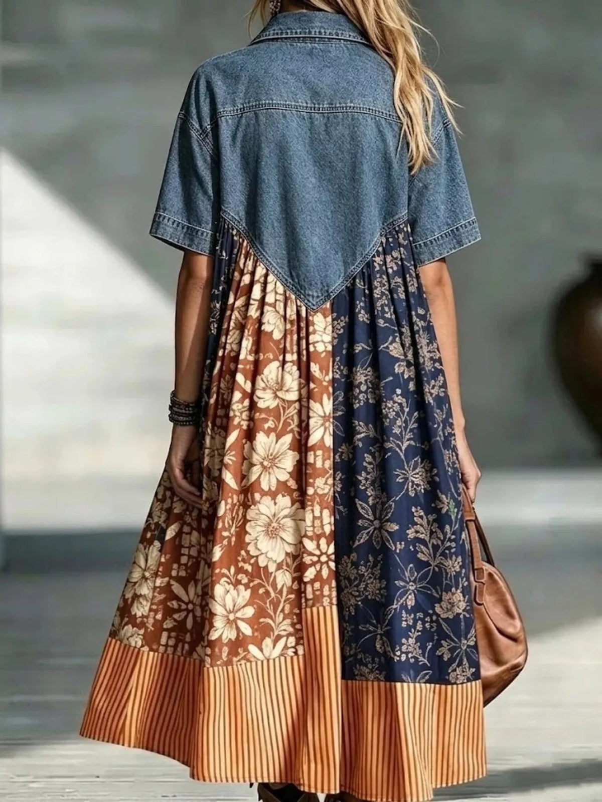 Full Size Denim Patchwork Printed Shirt Dress Plus (6)