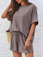 Round Neck T-shirt Drawstring Shorts Set (10)