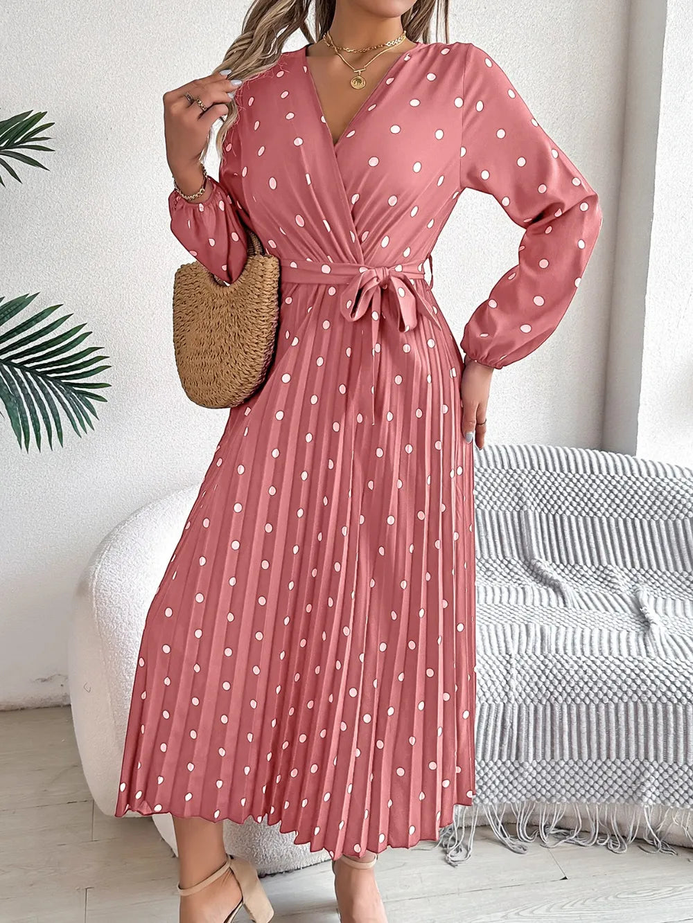 Tied Polka Dot Long Sleeve Midi Dress (4)