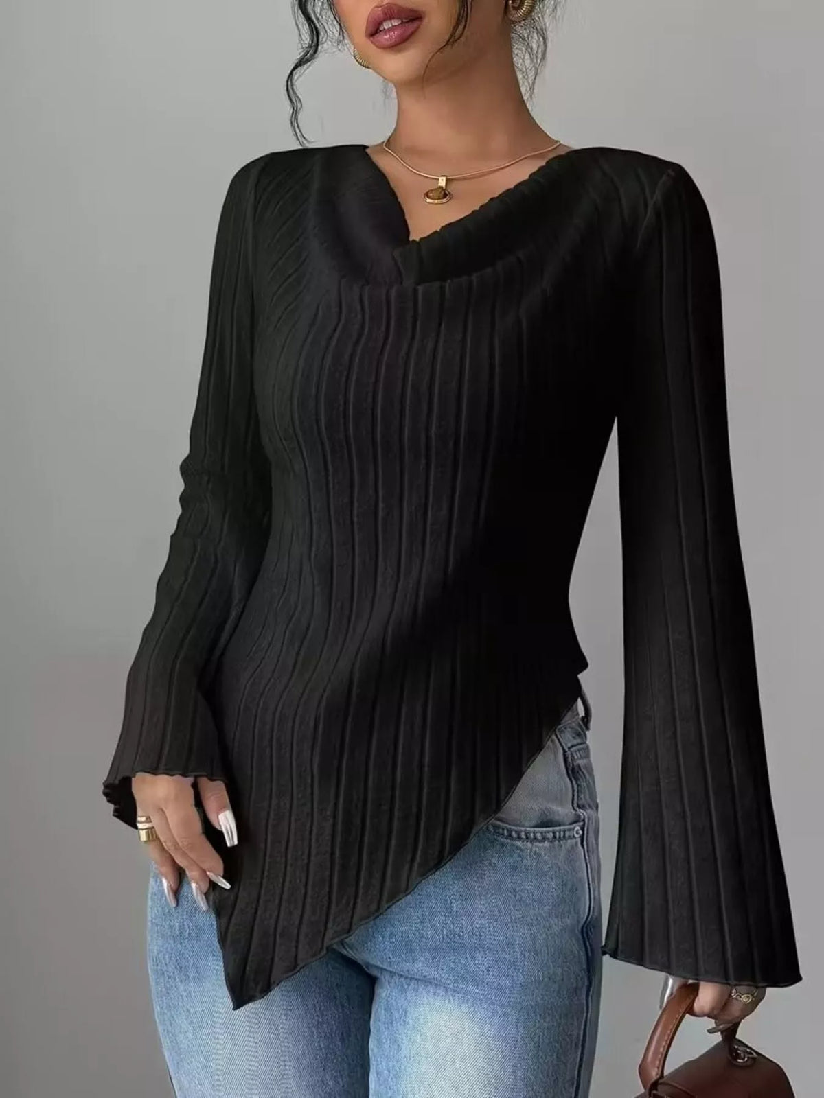 Cowl Neck Ribbed Knit T-shirt (7)