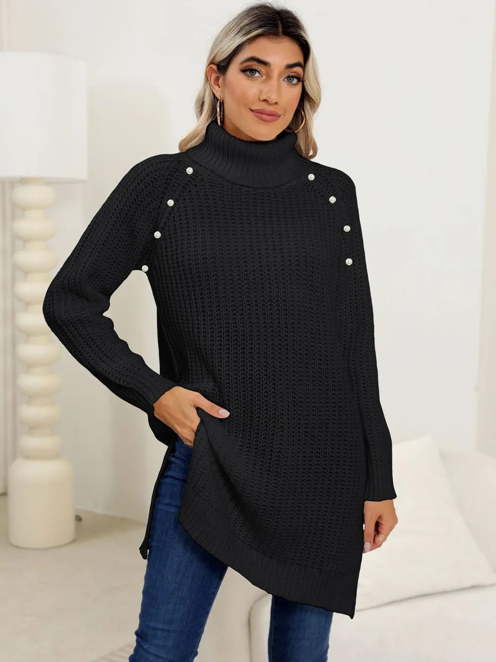 Slit Turtleneck Long Sleeve Sweater (8)