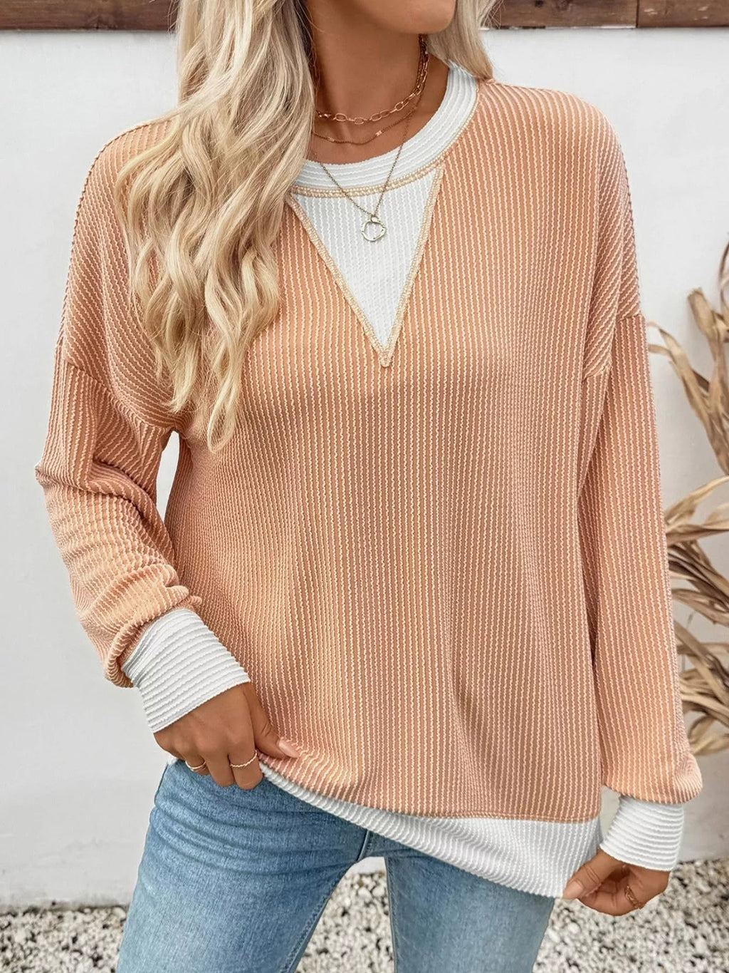 Two-tone Ribbed Knit Sweatshirt (2)