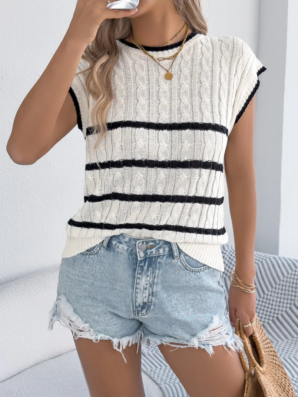 Cable-knit Striped Round Neck Knit Top