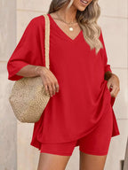 Full Size Casual Loose V-neck T-shirt Shorts Set Plus (24)