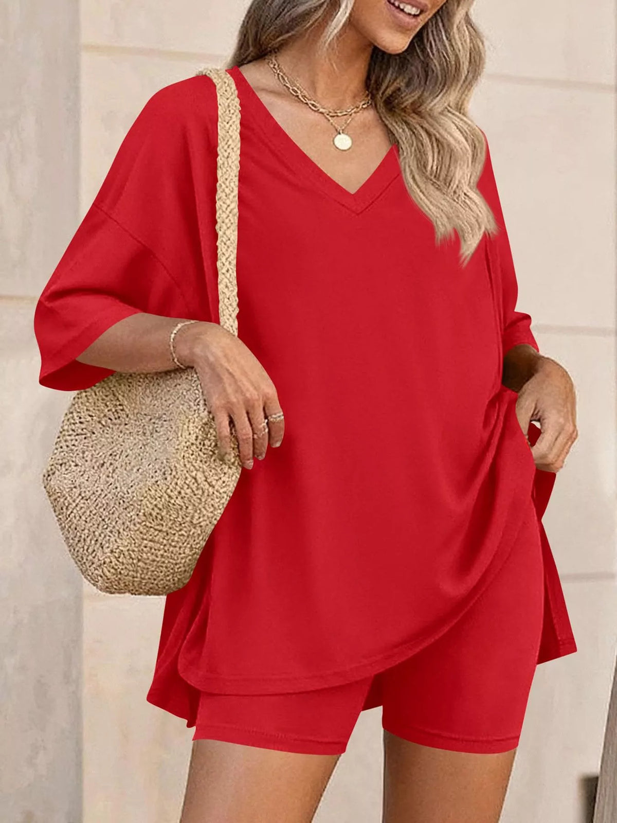 Full Size Casual Loose V-neck T-shirt Shorts Set Plus (24)