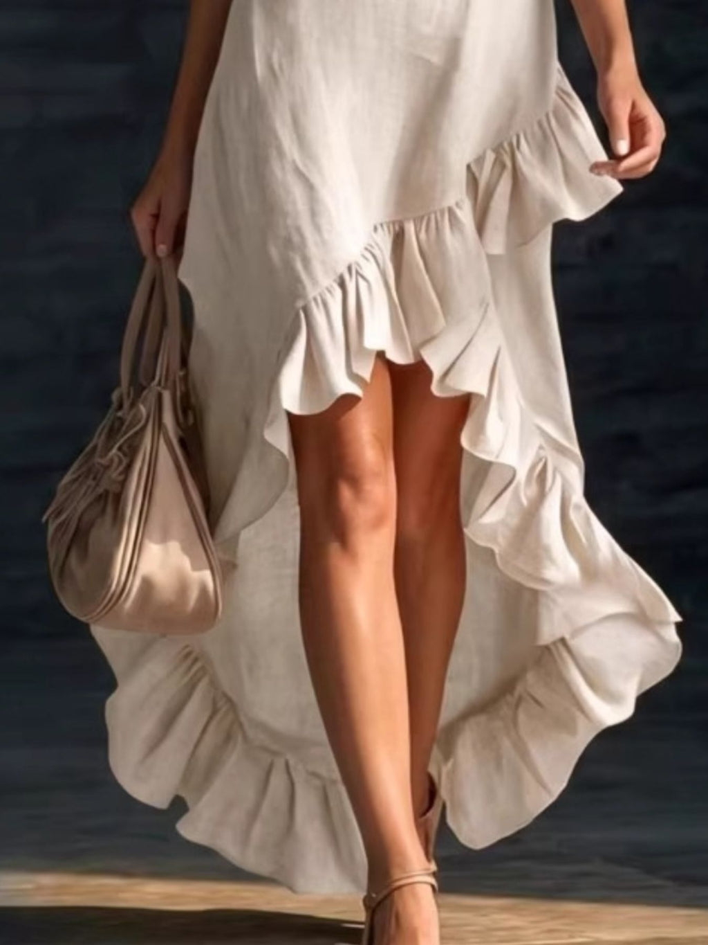 Sleeveless V-neck Ruffle Hem High-low Dress (2)
