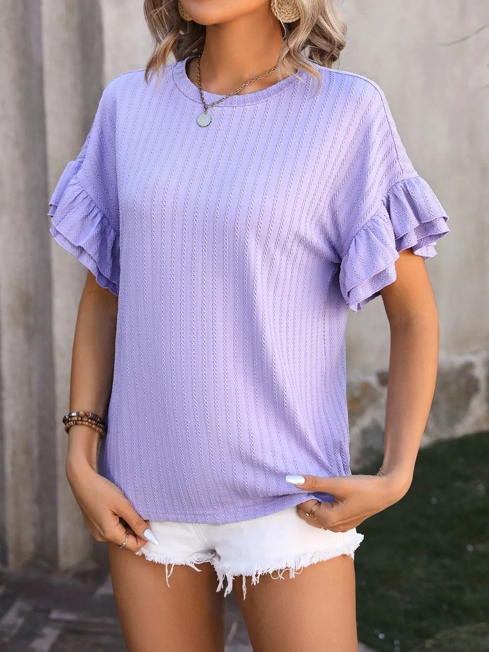 Ruffled Round Neck Short Sleeve Blouse (7)