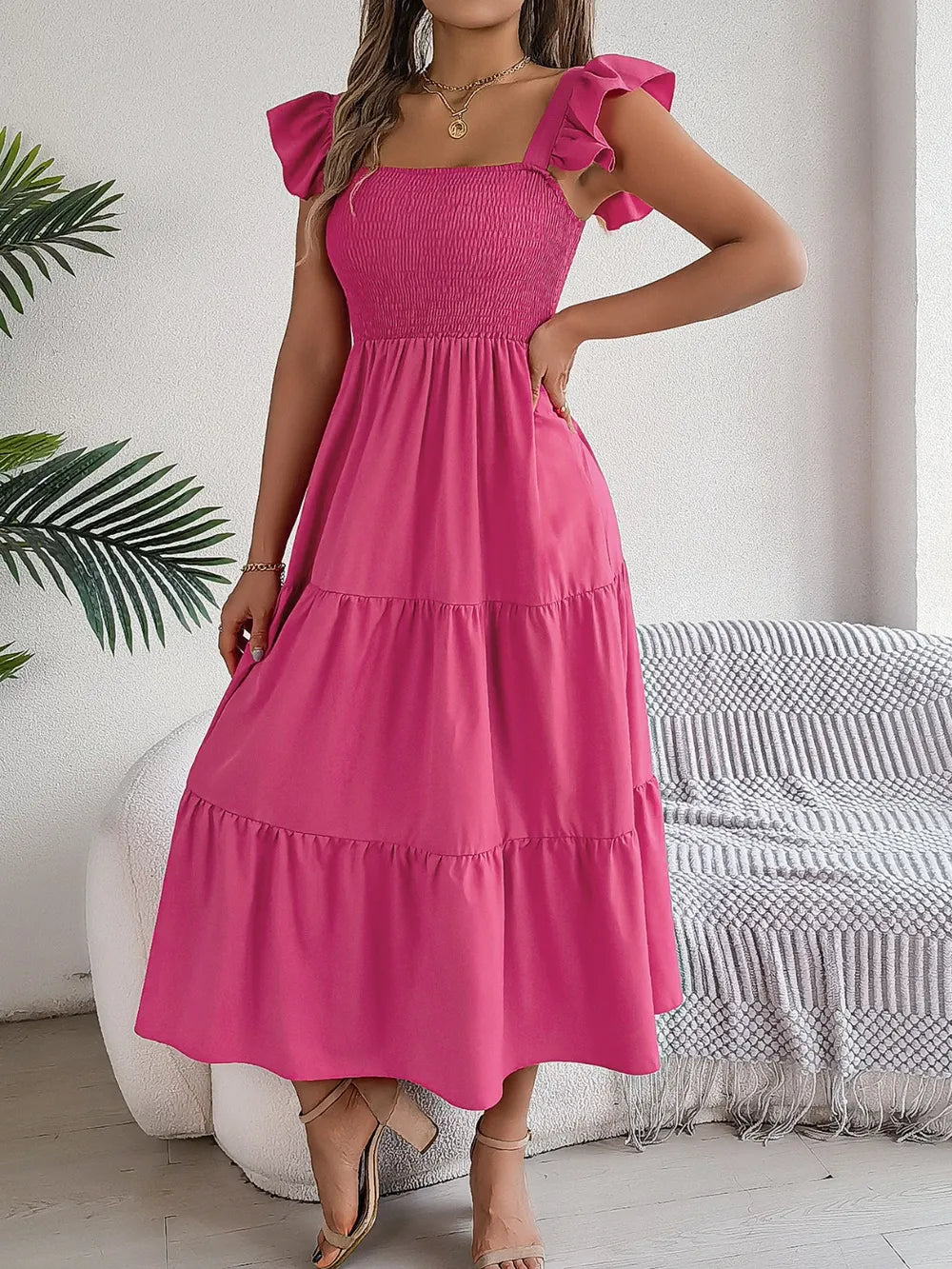 Smocked Square Neck Cap Sleeve Midi Dress (16)