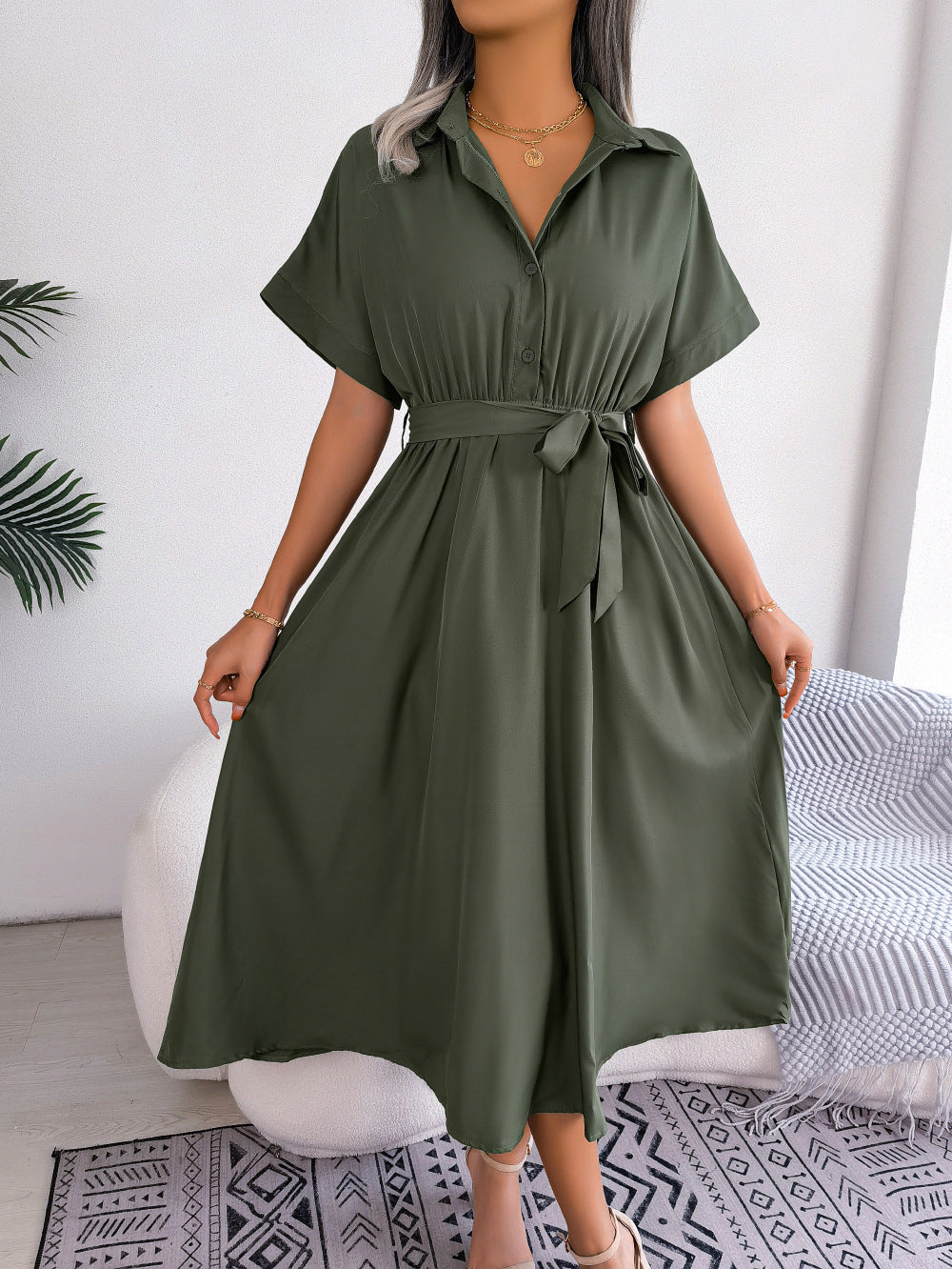 Short Sleeve Collared Tie Belt Dress (7)