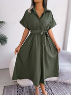 Short Sleeve Collared Tie Belt Dress (7)