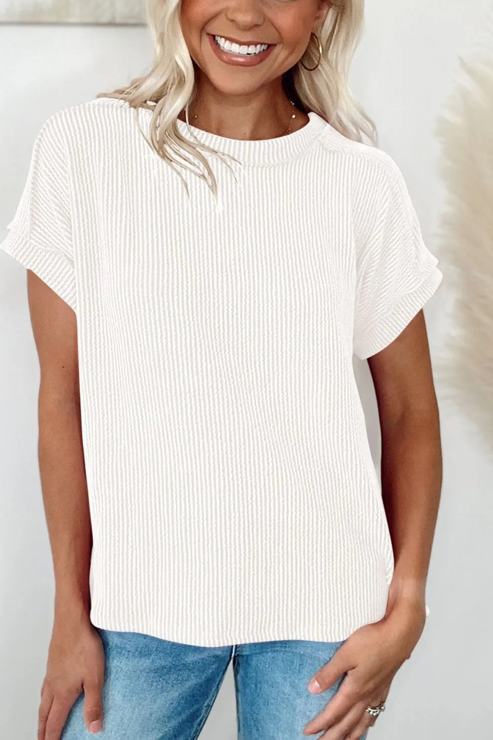 Casual Ribbed Short Sleeve Round Neck T-shirt (31)