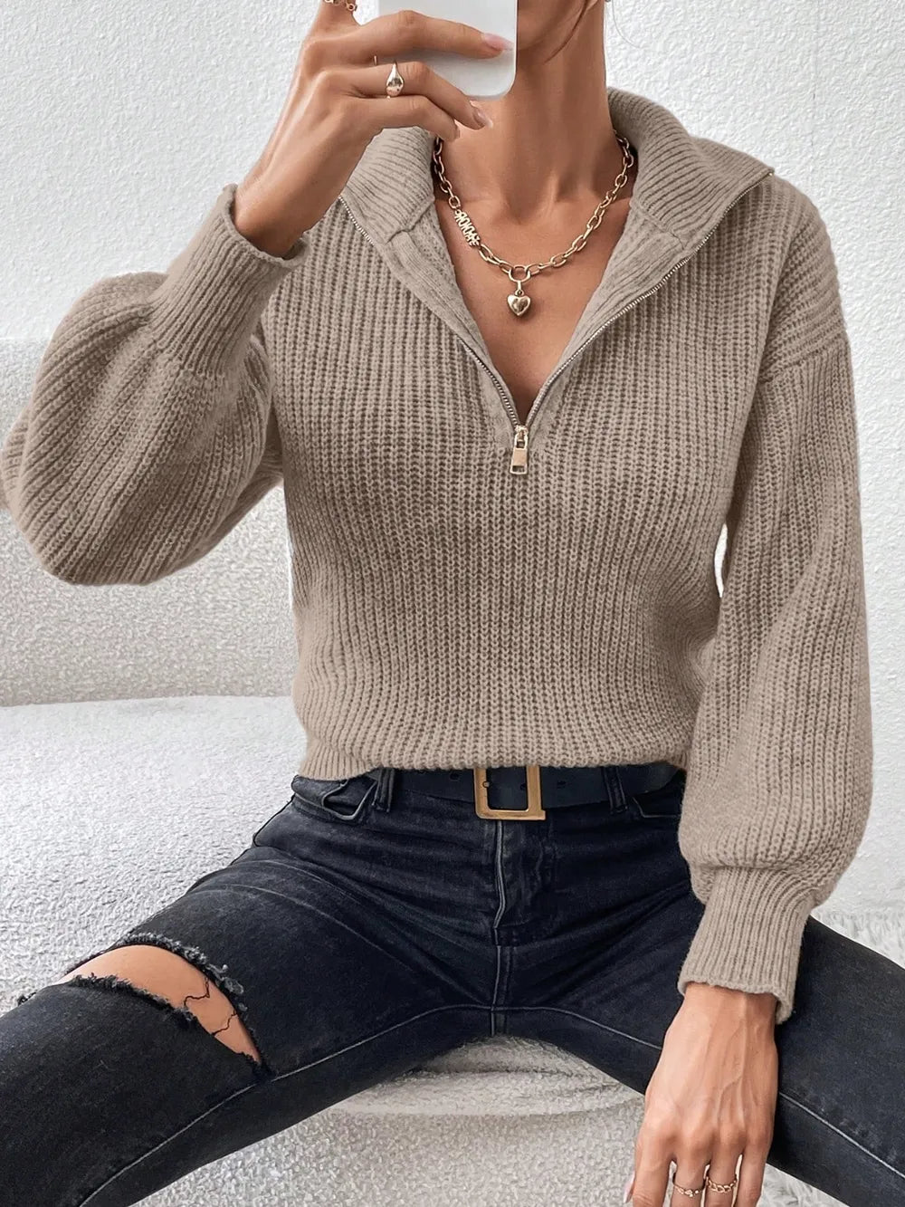 Half Zip Dropped Shoulder Sweater (19)