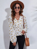 Ruched Printed V-neck Long Sleeve Blouse (16)