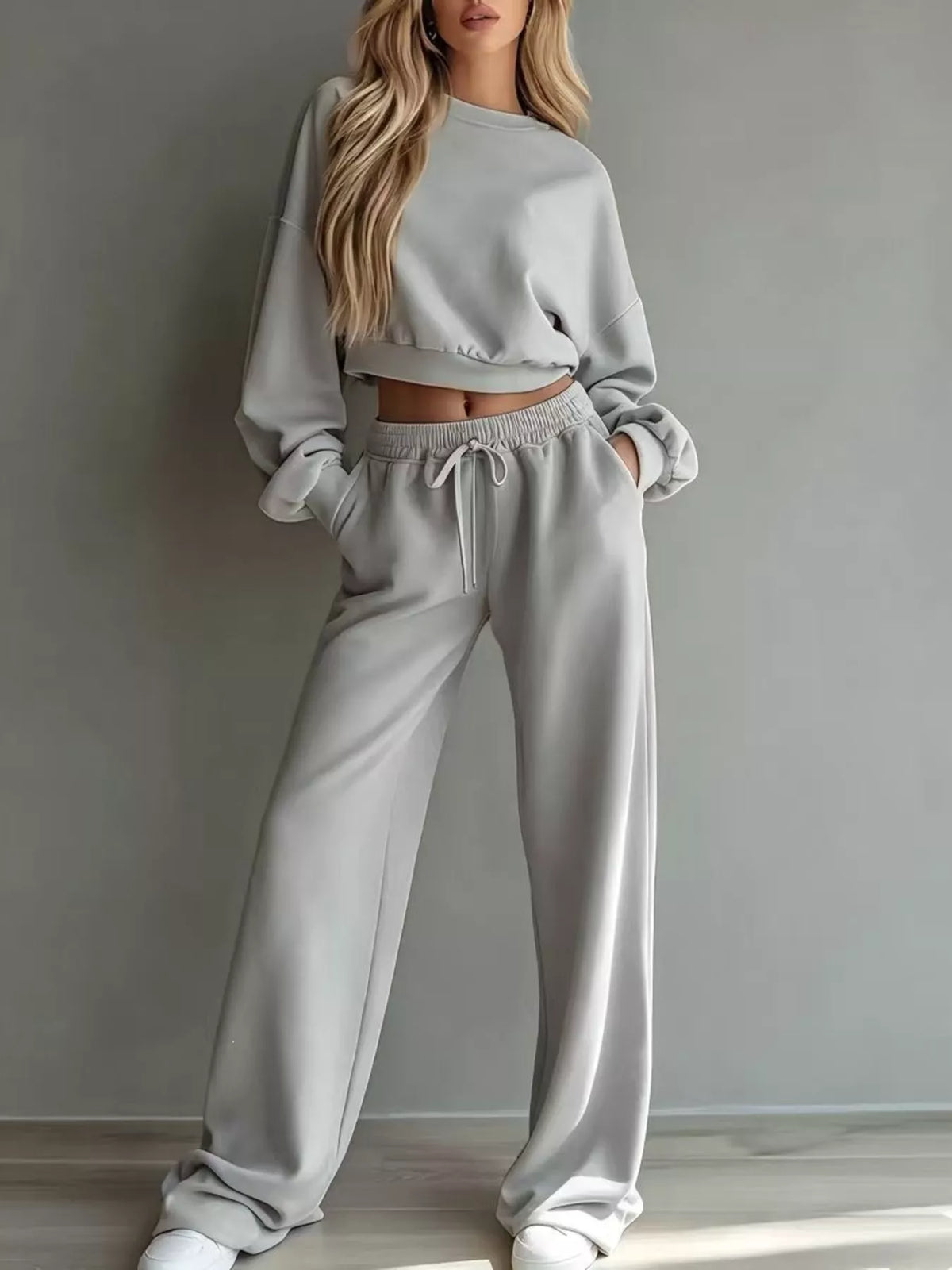 Round Neck Cropped Sweatshirt Wide-leg Pants Set (5)