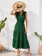 Tiered Ruffled V-neck Cap Sleeve Dress (6)
