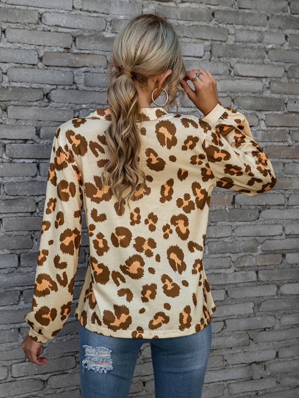 Leopard V-neck Decorative Button Long Sleeve Blouse (2)