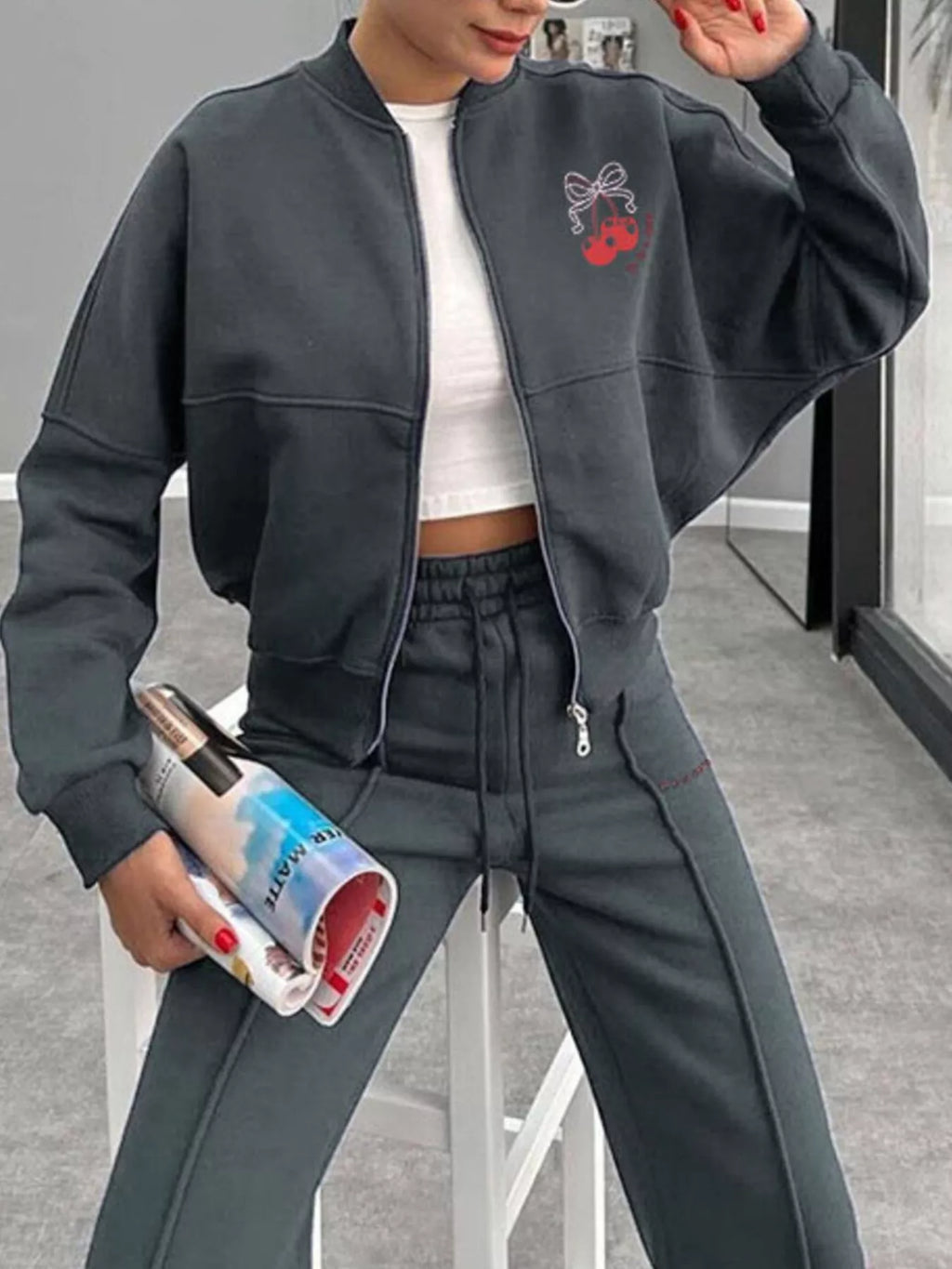 Zip Up Dropped Shoulder Outerwear Pants Set (17)