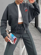 Zip Up Dropped Shoulder Outerwear Pants Set (17)