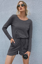 Drawstring Waist Long Sleeve Romper (3)