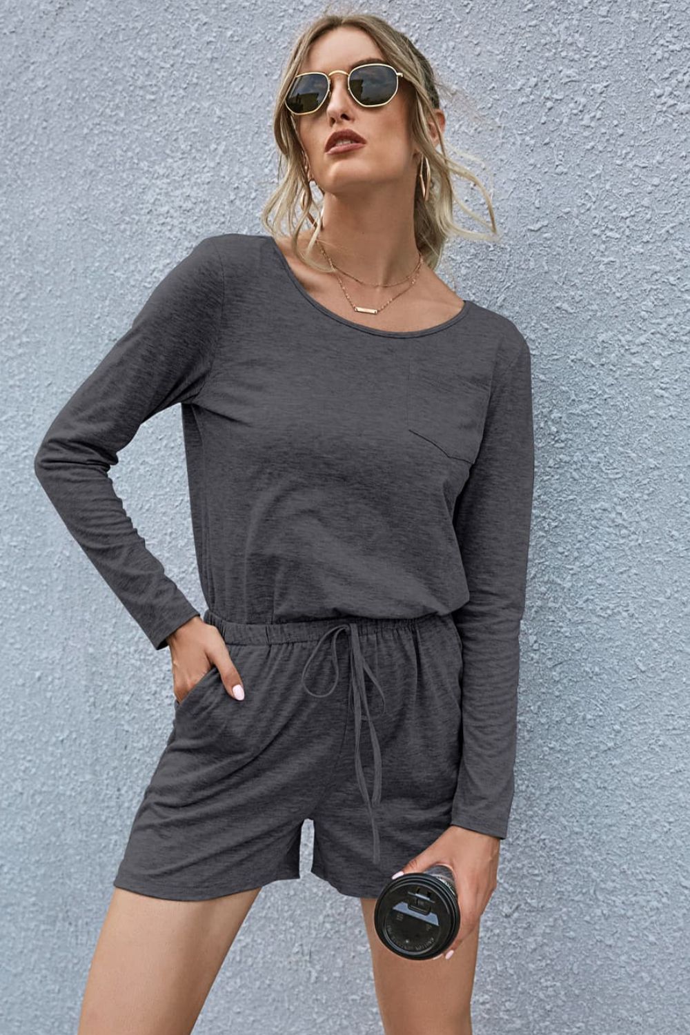 Drawstring Waist Long Sleeve Romper (3)