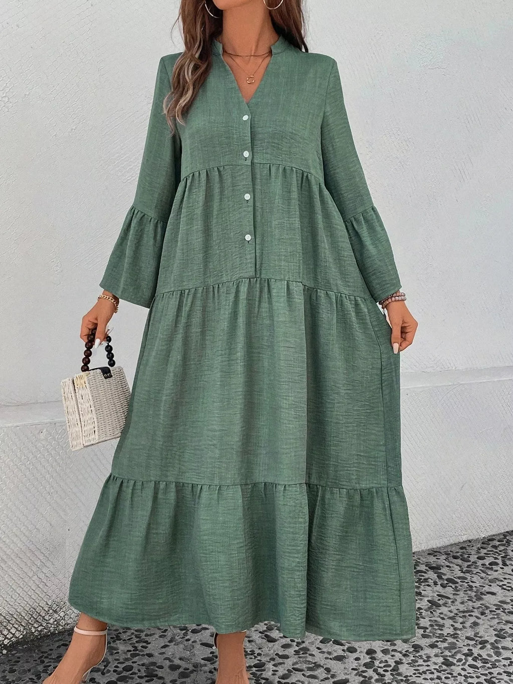 Ruffle Hem Button Front Tiered Dress (6)
