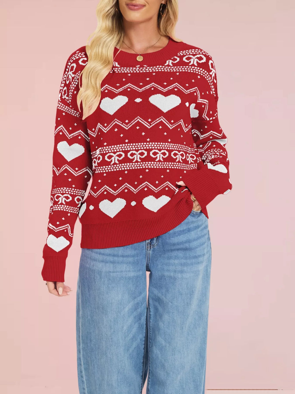 Heart Bow Pattern Round Neck Sweater (2)