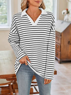 Striped Johnny Collar Long Sleeve T-shirt (9)