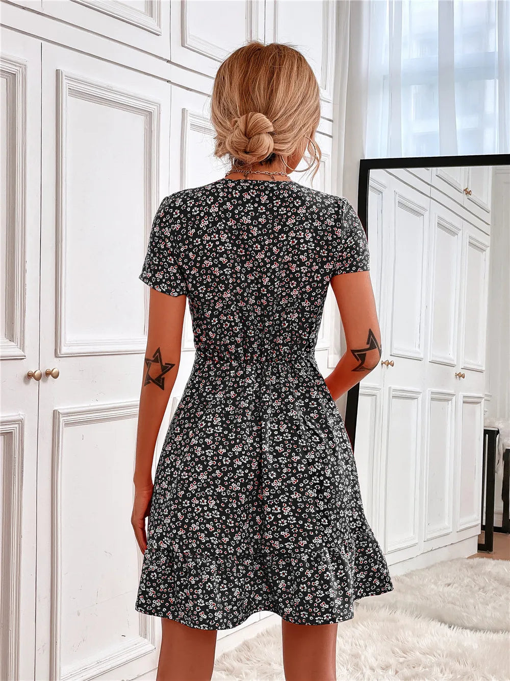 Printed Ruffled Hem V-neck Short Sleeve Mini Dress (12)