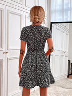 Printed Ruffled Hem V-neck Short Sleeve Mini Dress (12)