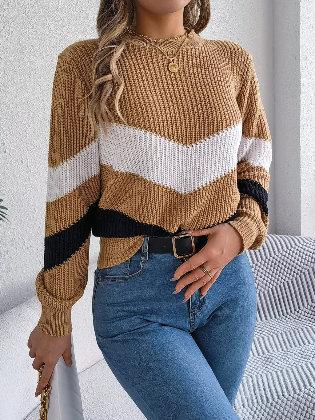 Chevron Stripe Block Round Neck Sweater (19)