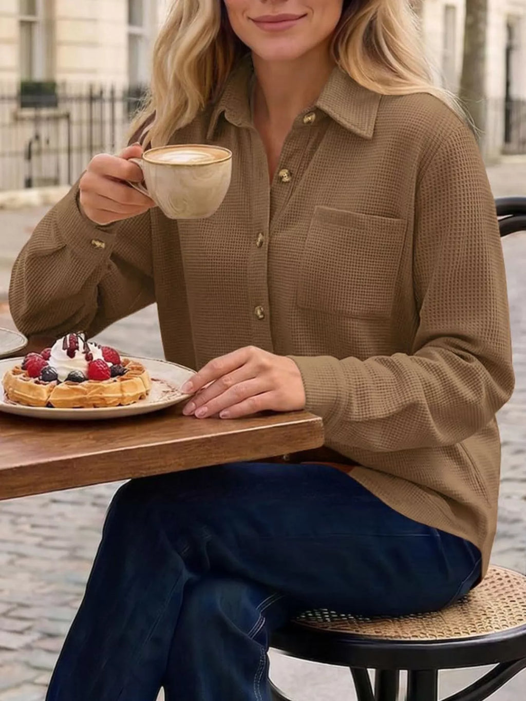 Waffle Knit Button-down Long Sleeve Shirt (9)