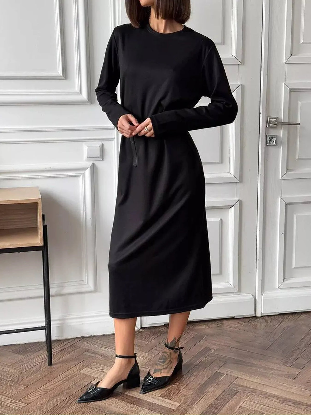 Round Neck Long-sleeve Midi Dress (16)