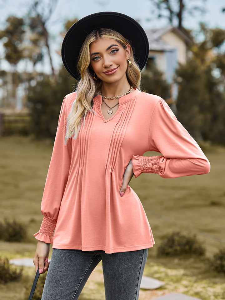 Notched Neck Flounce Sleeve Blouse (8)