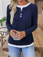 Ribbed Knit Button Detail Contrast Sweater (9)