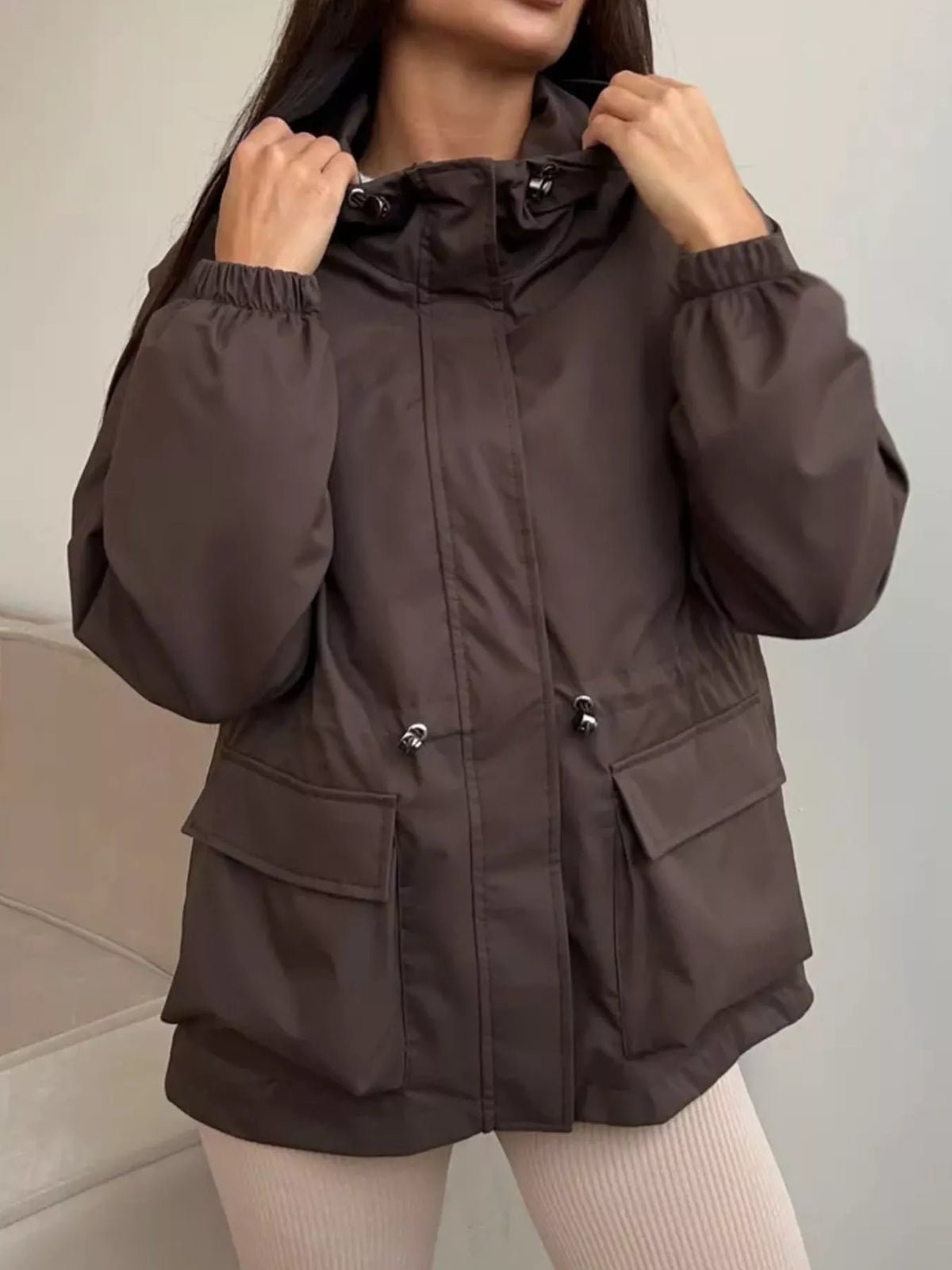 Drawstring Waist Hooded Windbreaker Outerwear (4)
