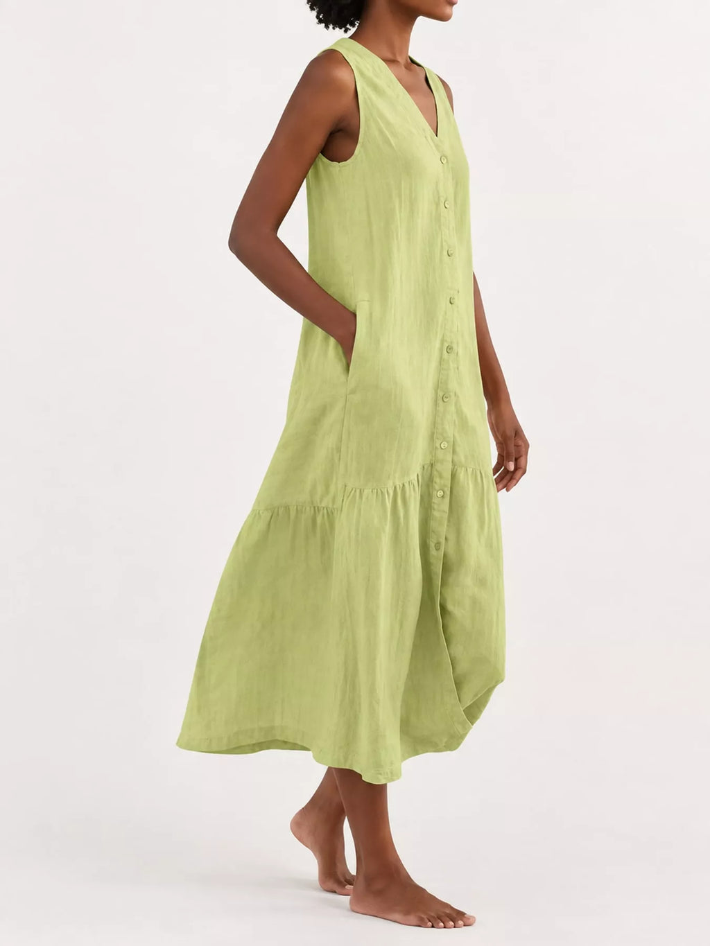 Full Size V-neck Button Front Sleeveless Midi Dress Plus (17)
