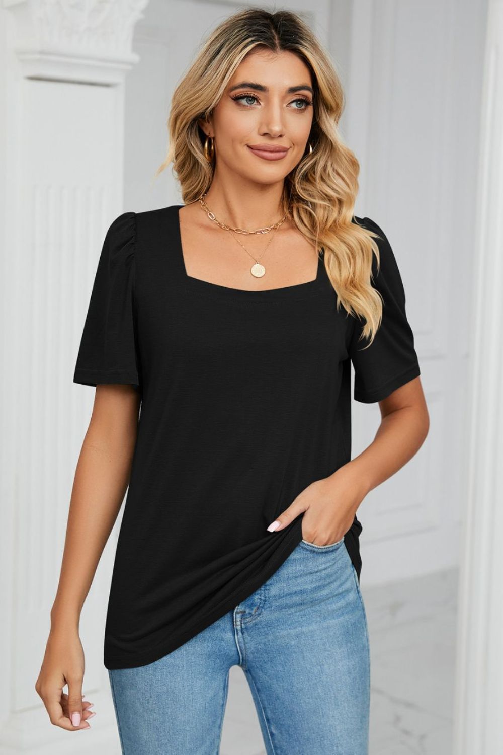 Square Neck Puff Sleeve T-shirt (13)