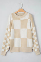 Checkered Round Neck Drop Shoulder Sweater (13)