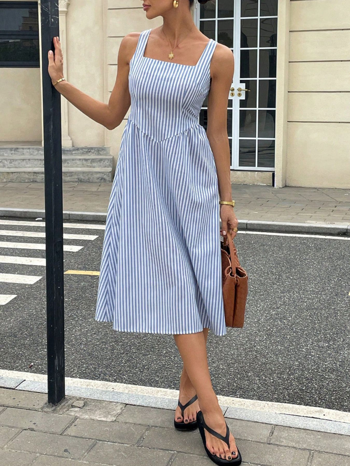 Striped Square Neck Midi Dress (14)